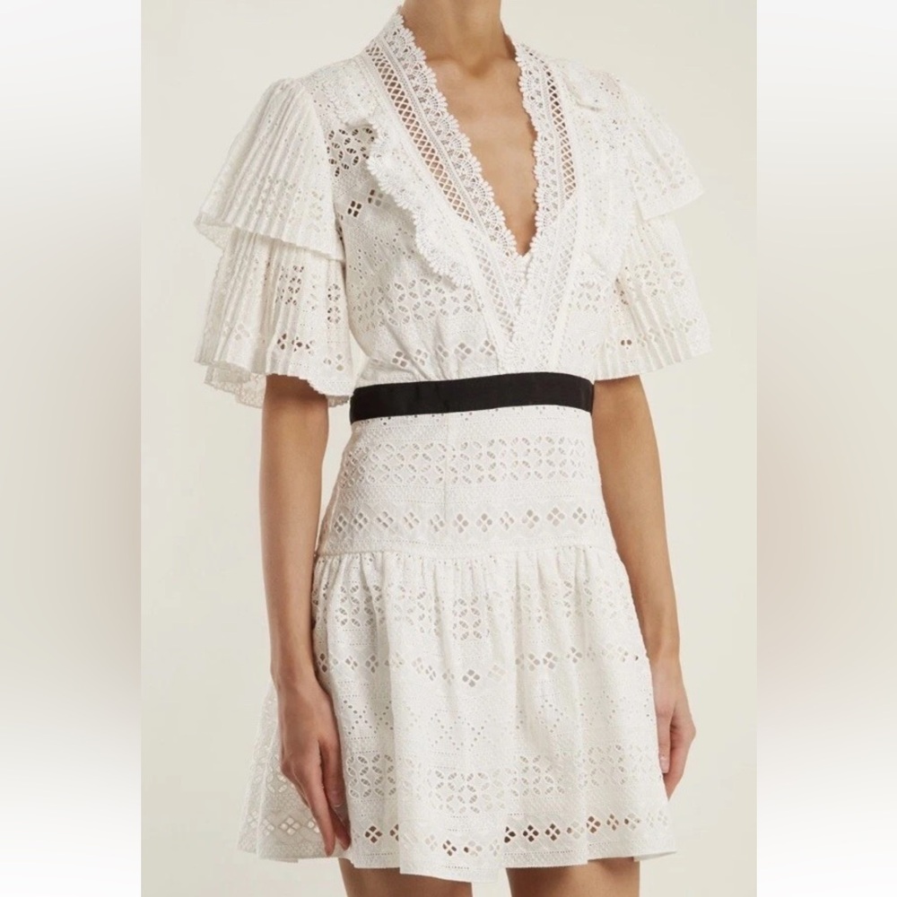 Self-Portrait White Embroidered Eyelet and Lace Mini Dress 2 New!